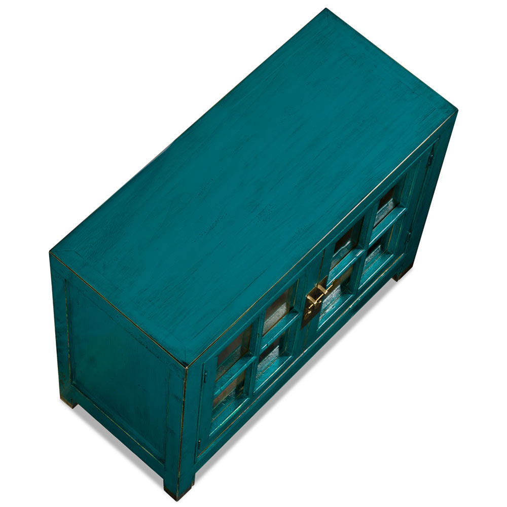 Distressed Teal Elmwood Ming Style Asian Cabinet with Glass Doors