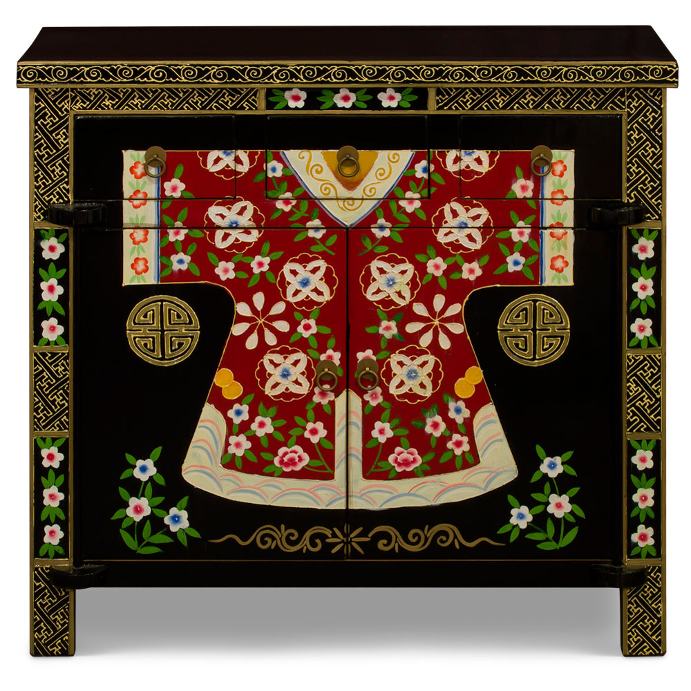 Hand Painted Elmwood Mandarin Robe Motif Oriental Cabinet