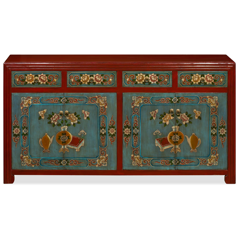 Distressed Red and Light Blue Flower Motif Elmwood Tibetan Cabinet