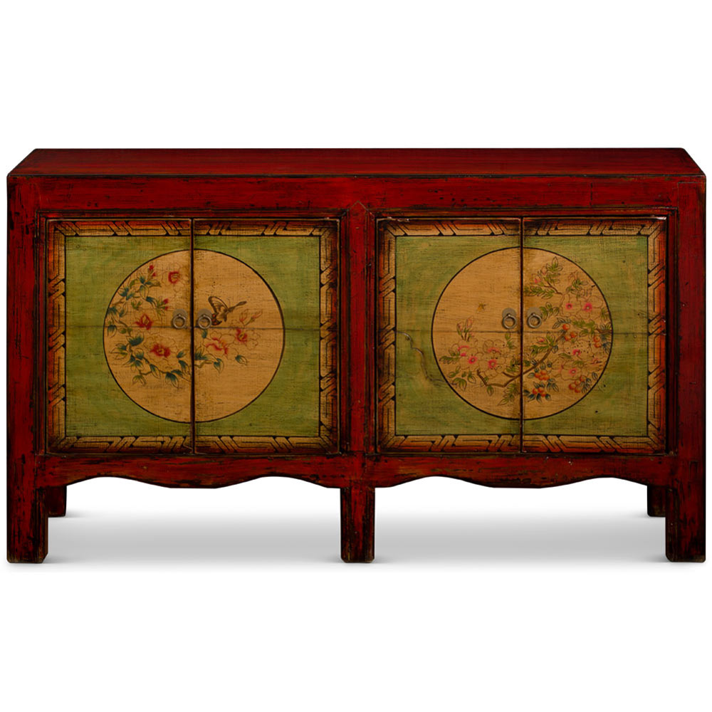 Hand Painted Flower Motif Distressed Red and Lime Green Mongolian Elmwood Sideboard