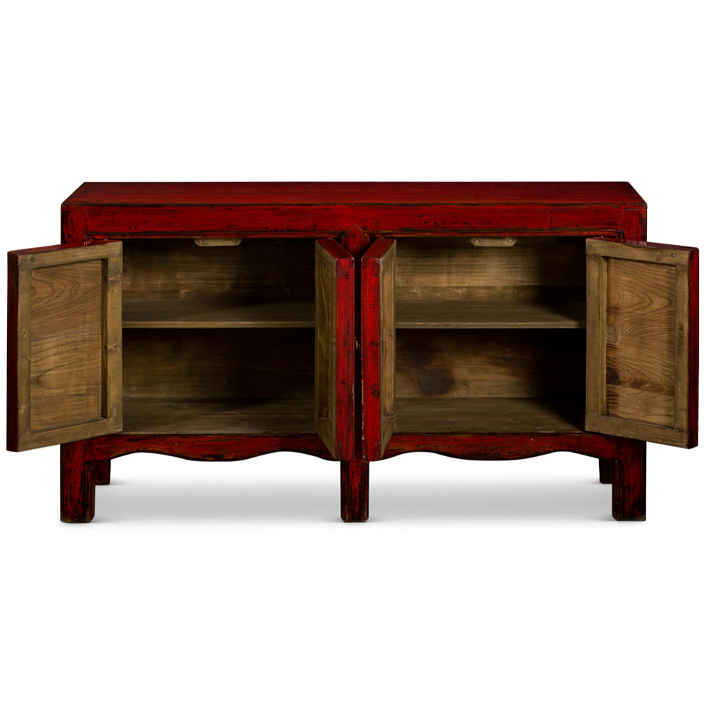Hand Painted Flower Motif Distressed Red and Lime Green Mongolian Elmwood Sideboard