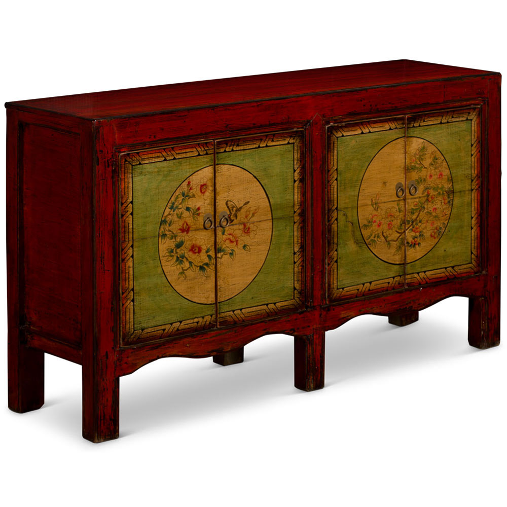 Hand Painted Flower Motif Distressed Red and Lime Green Mongolian Elmwood Sideboard