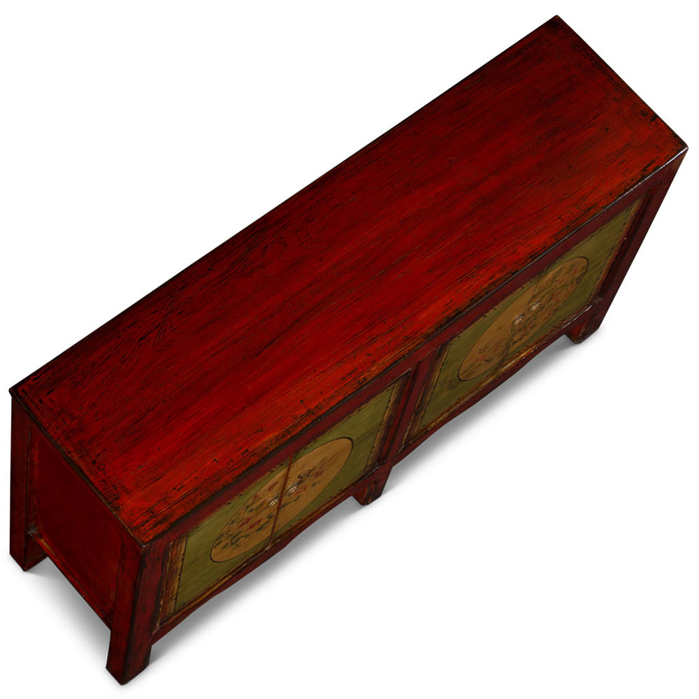 Hand Painted Flower Motif Distressed Red and Lime Green Mongolian Elmwood Sideboard