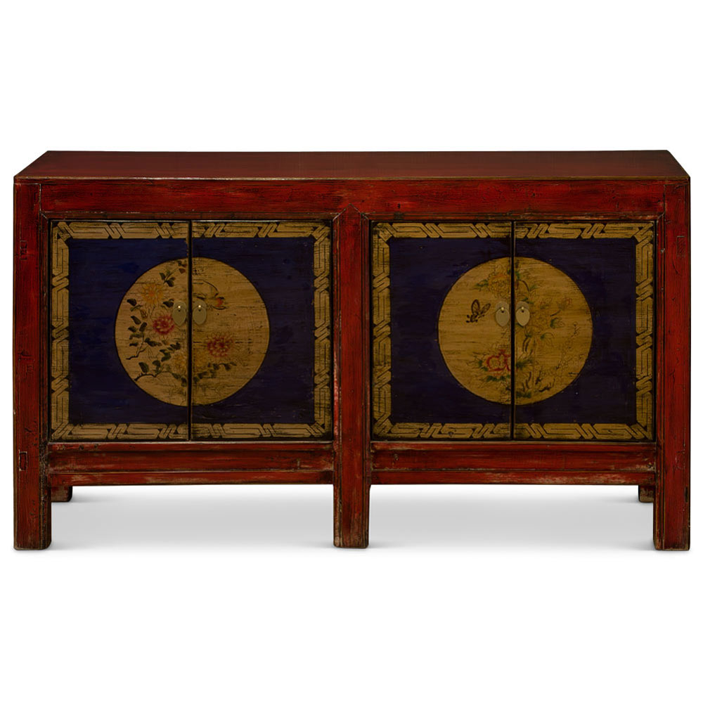 Hand Painted Flower Motif Distressed Red Yellow Blue Chinese Elmwood Sideboard