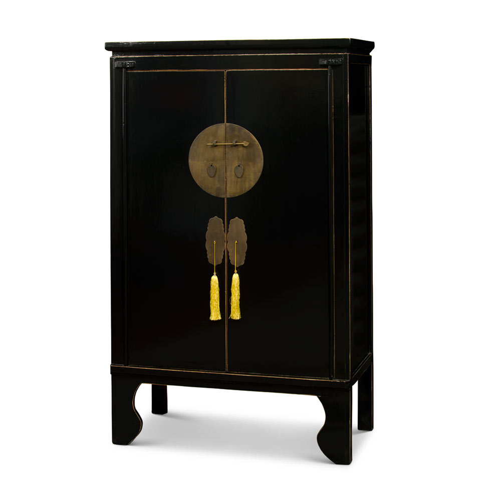 Distressed Matte Black Ming Chinese Wedding Cabinet with Yellow Tassels