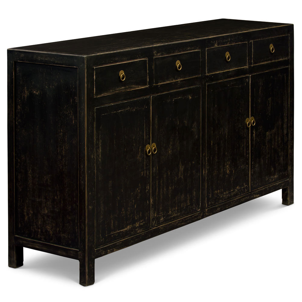 Distressed Matte Black Elmwood Ming Oriental Cabinet