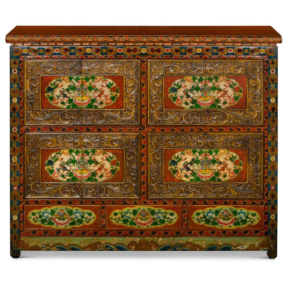 Hand Painted Umber Peony Motif Grand Tibetan Cabinet