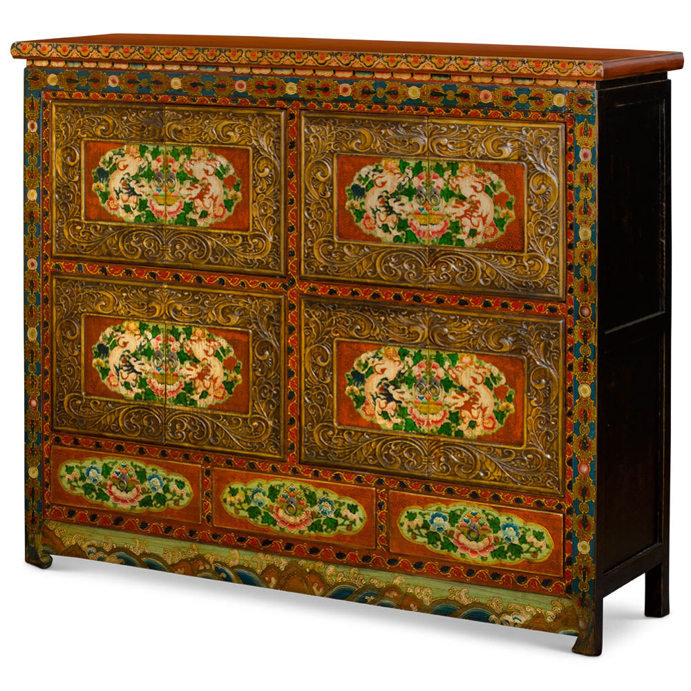 Hand Painted Umber Peony Motif Grand Tibetan Cabinet