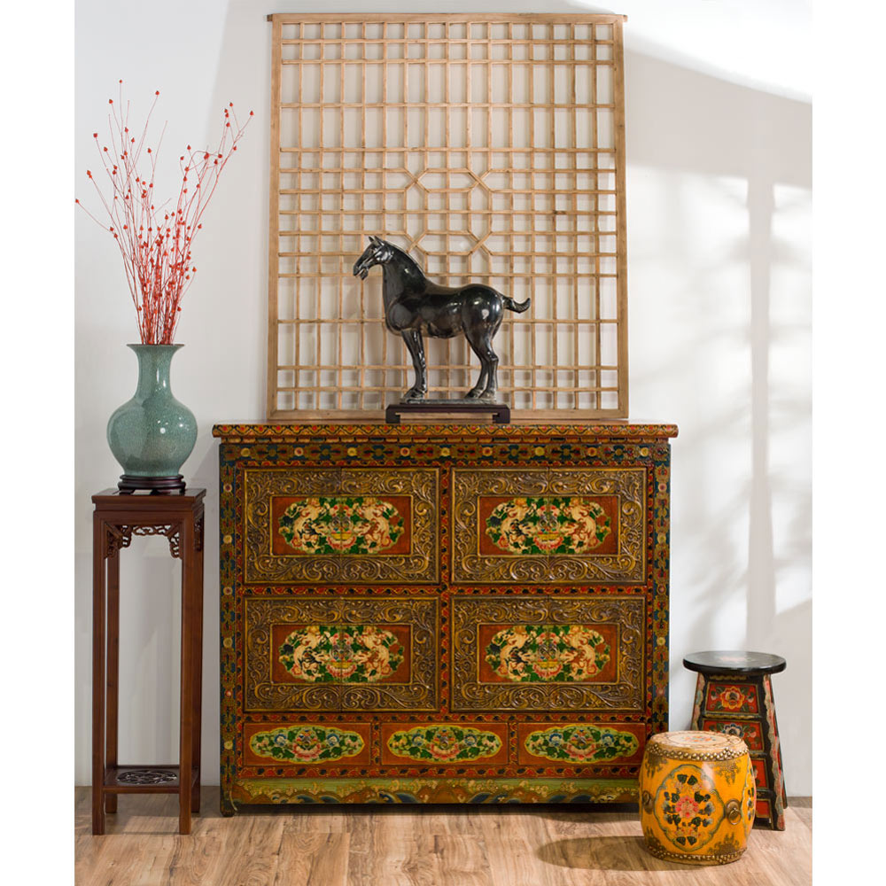 Hand Painted Umber Peony Motif Grand Tibetan Cabinet