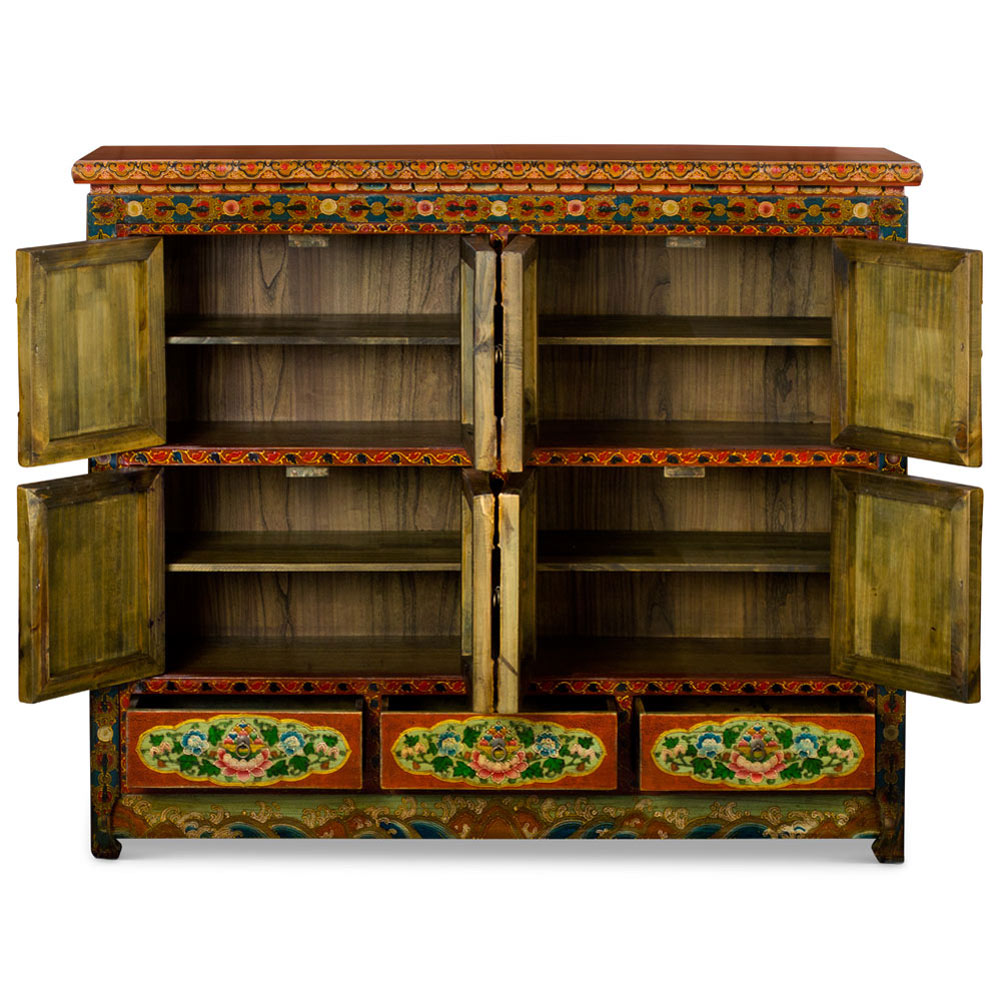 Hand Painted Umber Peony Motif Grand Tibetan Cabinet