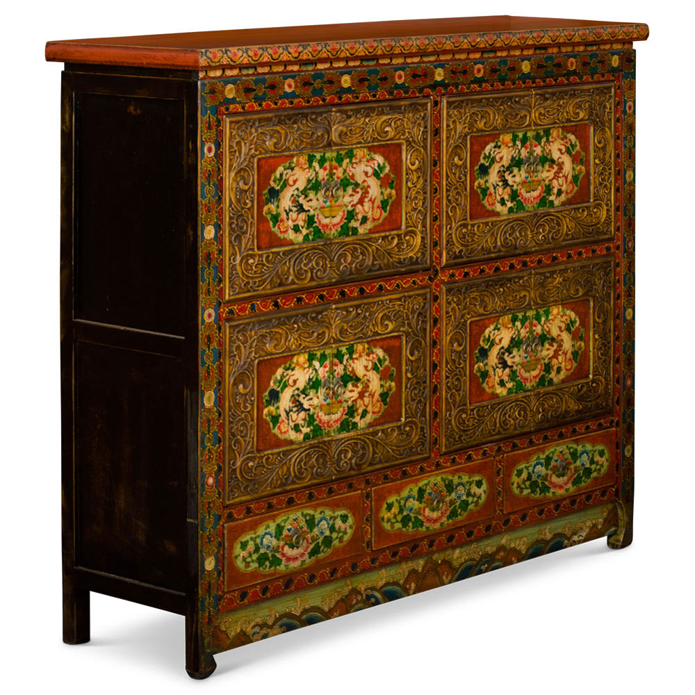 Hand Painted Umber Peony Motif Grand Tibetan Cabinet