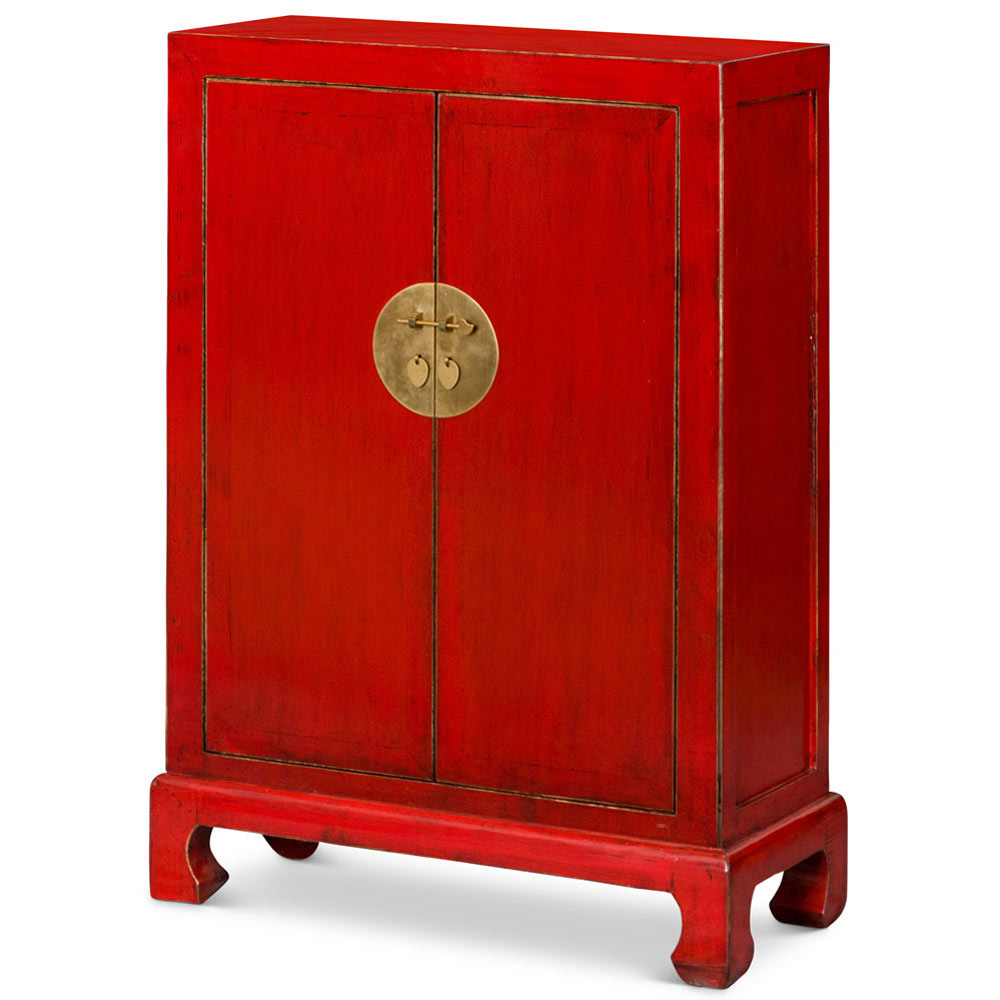 Distressed Red Elmwood Chinese Ming Cabinet