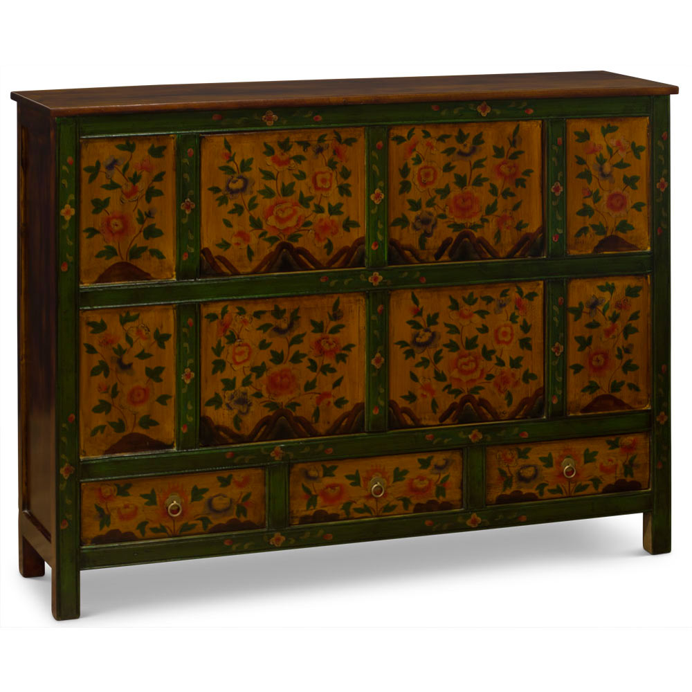 Green and Yellow Hand Painted Tibetan Motif Elmwood Cabinet