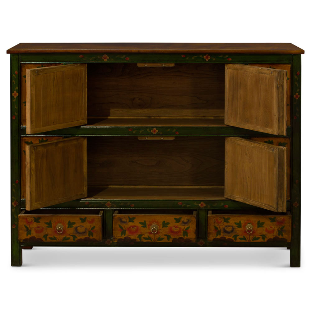 Green and Yellow Hand Painted Tibetan Motif Elmwood Cabinet