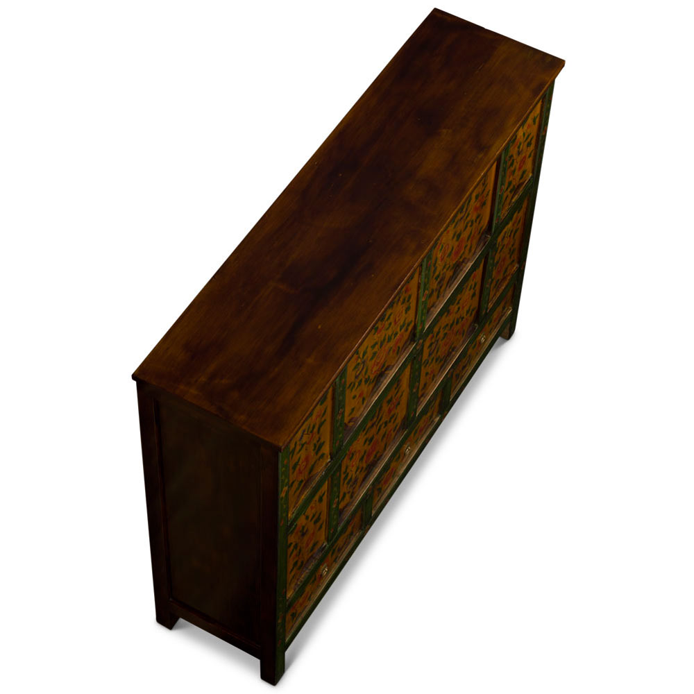 Green and Yellow Hand Painted Tibetan Motif Elmwood Cabinet