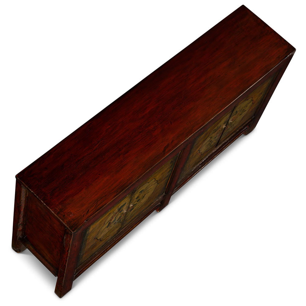 Hand Painted Flower Motif Distressed Red and Yellow Orche Mongolian Elmwood Sideboard