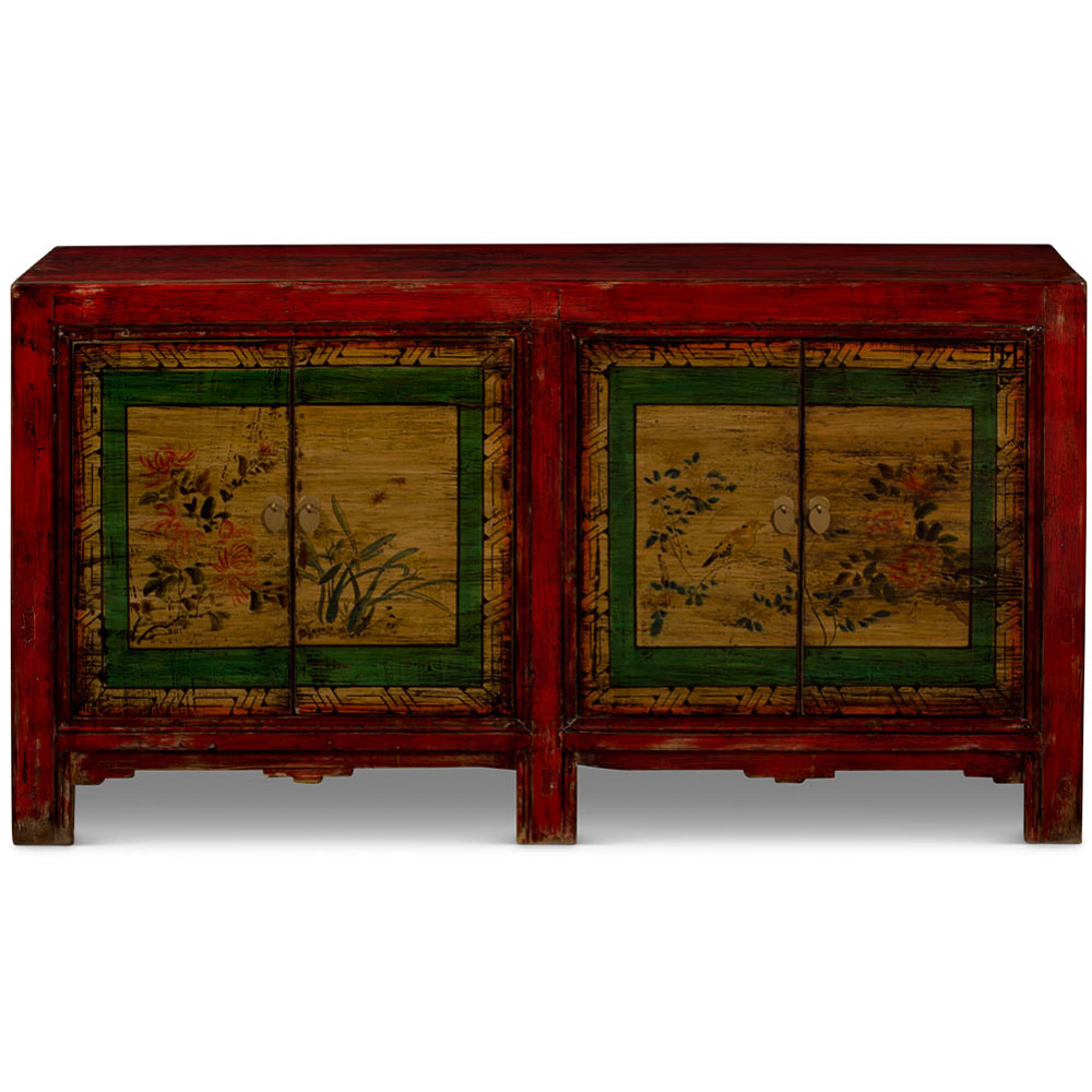 Hand Painted Bird and Flower Motif Distressed Mongolian Elmwood Sideboard