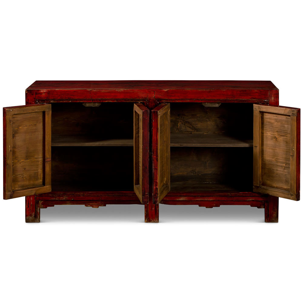 Hand Painted Bird and Flower Motif Distressed Mongolian Elmwood Sideboard