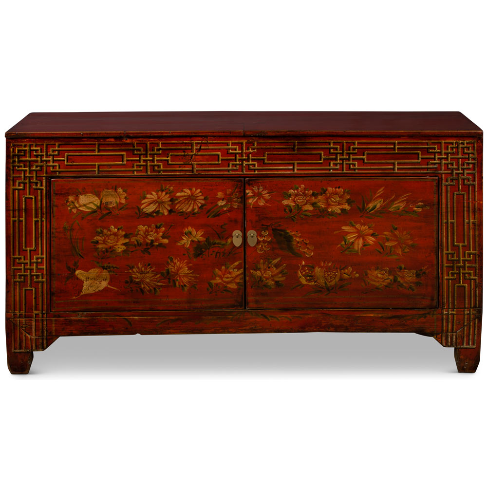 Elmwood Dark Red Flower Motif Tibetan Cabinet