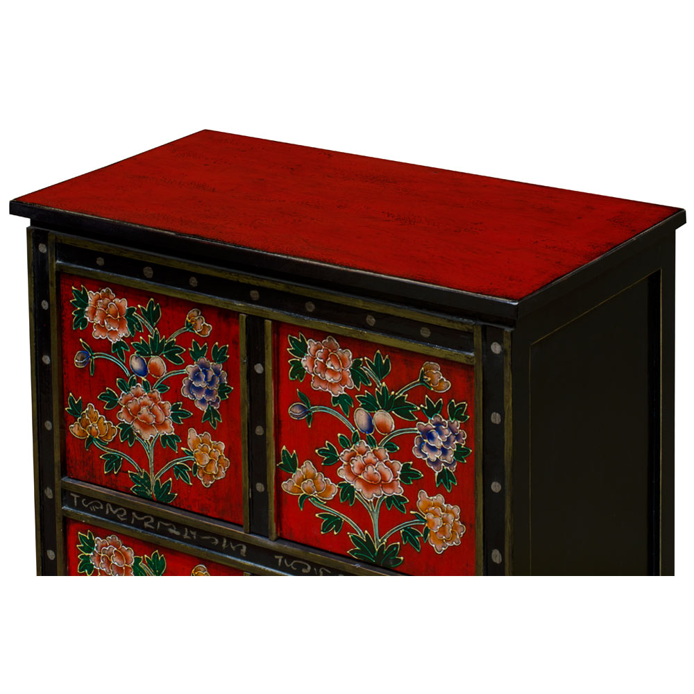 Hand Painted Elmwood Red and Black Floral Motif Tibetan Chest