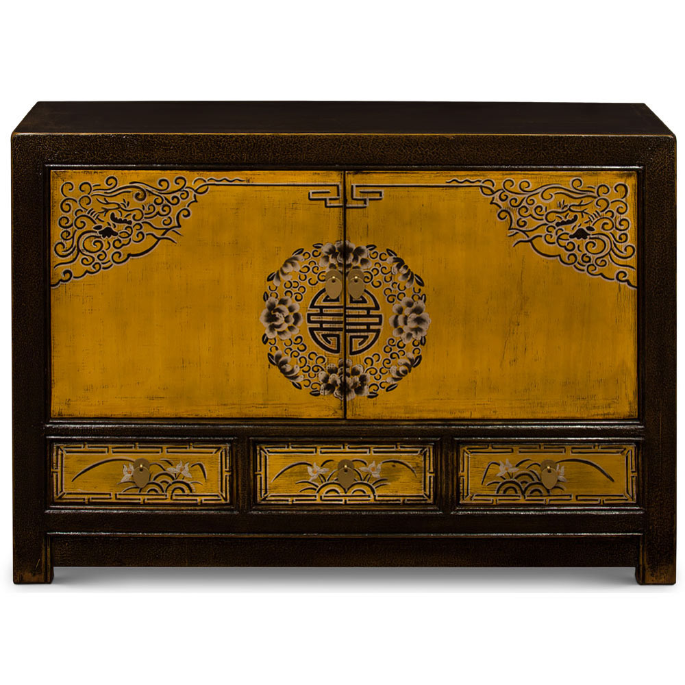 Distressed Golden Yellow Elmwood Qing Dynasty Cabinet