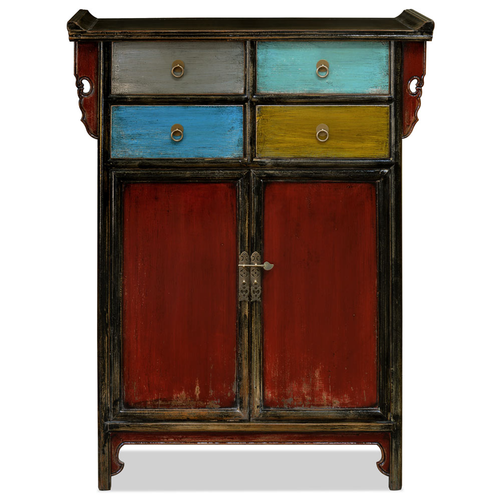 Distressed Multicolor Elmwood Qing Dynasty Altar Style Asian Cabinet