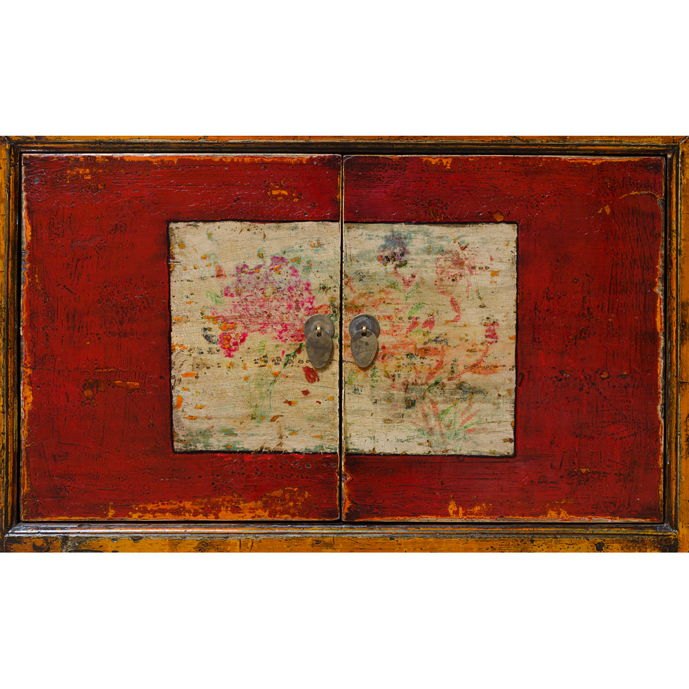 Distressed Orange and Red Elmwood Mongolian Cabinet