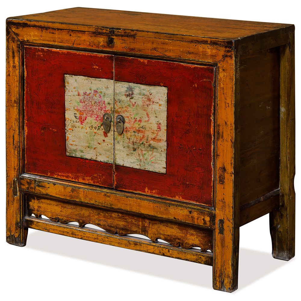 Distressed Orange and Red Elmwood Mongolian Cabinet