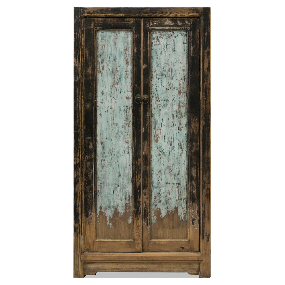 Distressed Black and Light Blue Elmwood Chinese Ming Armoire