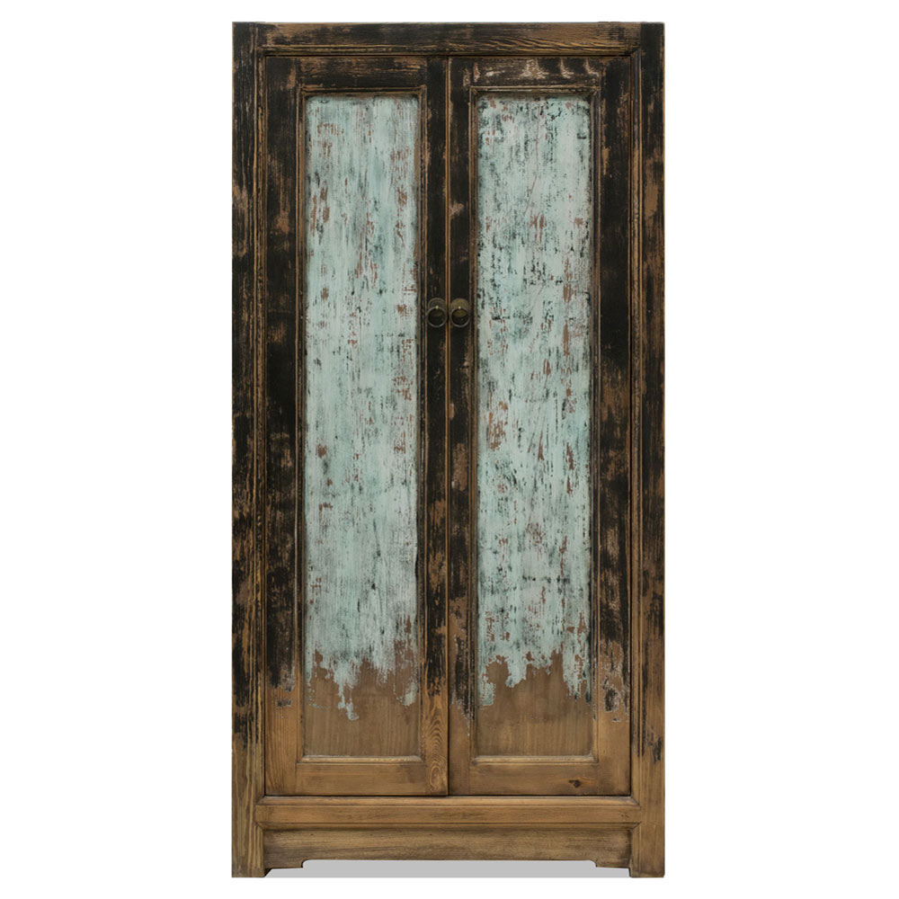 Distressed Black and Light Blue Elmwood Chinese Ming Armoire