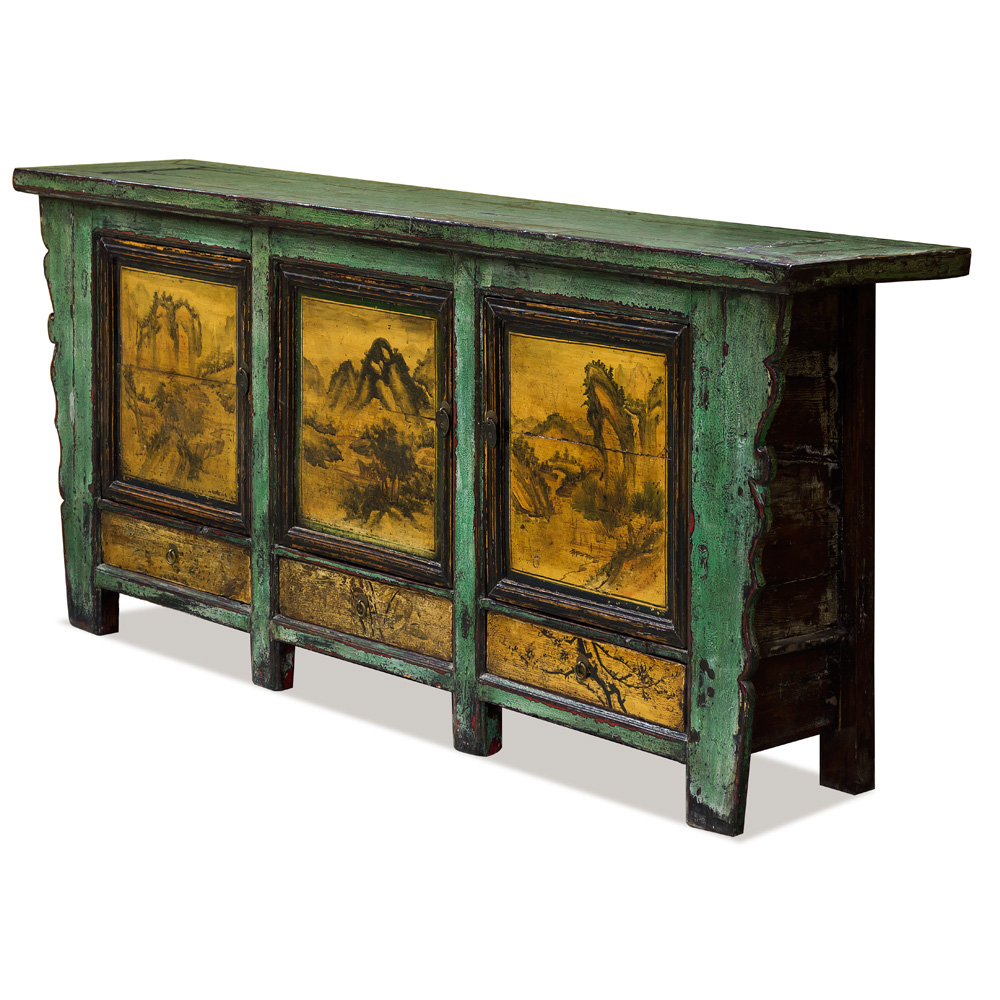 Distressed Viridian Elmwood Palace Sideboard with Painted Scenery