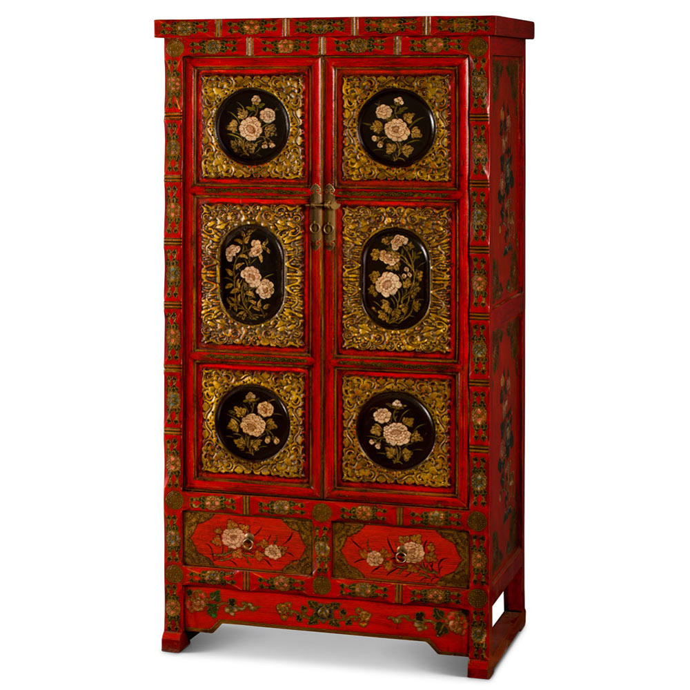 Elmwood Qing Dynasty Oriental Armoire with Peony Flowers