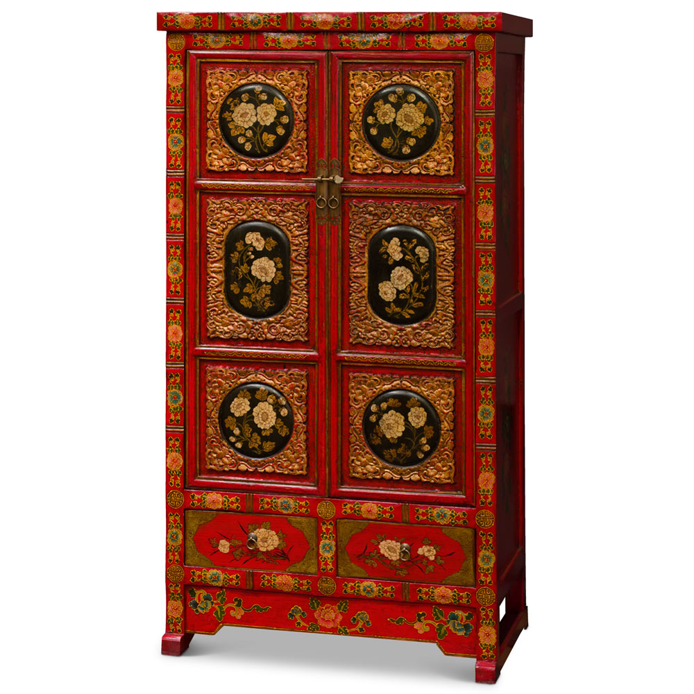 Elmwood Qing Dynasty Oriental Armoire with Peony Flowers