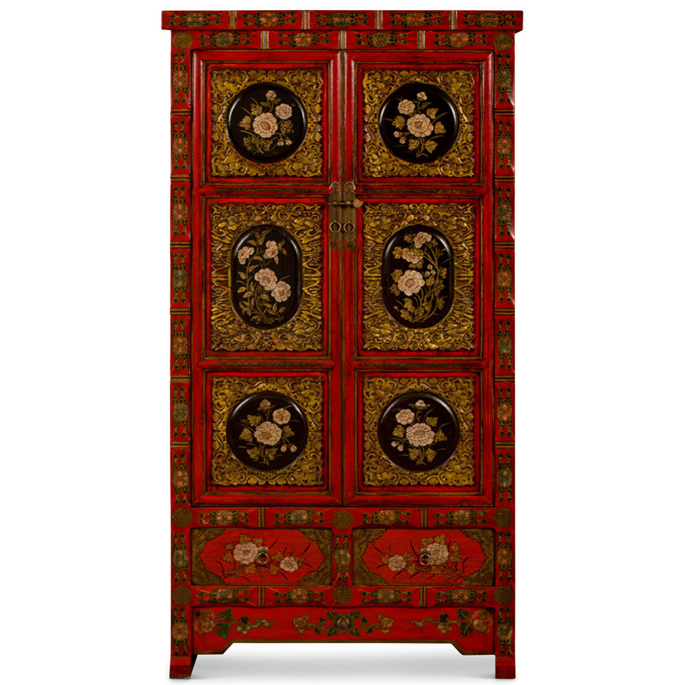 Elmwood Qing Dynasty Oriental Armoire with Peony Flowers