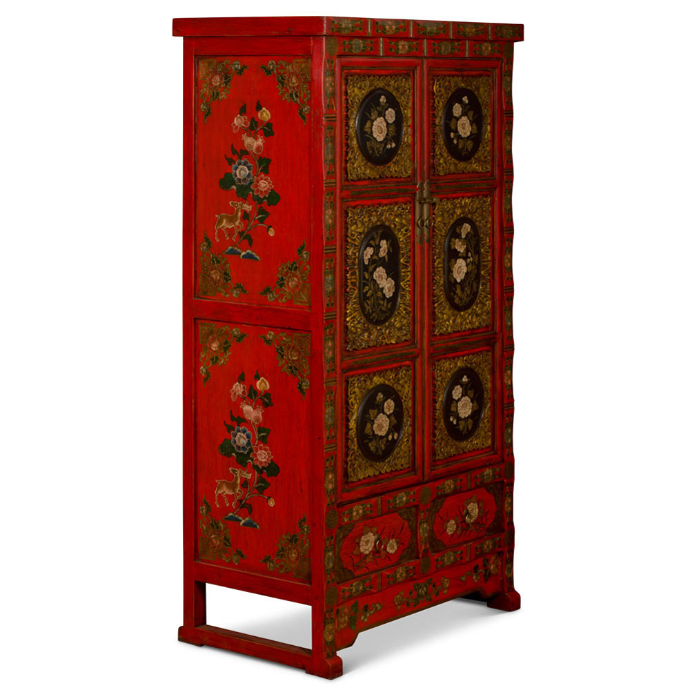 Elmwood Qing Dynasty Oriental Armoire with Peony Flowers