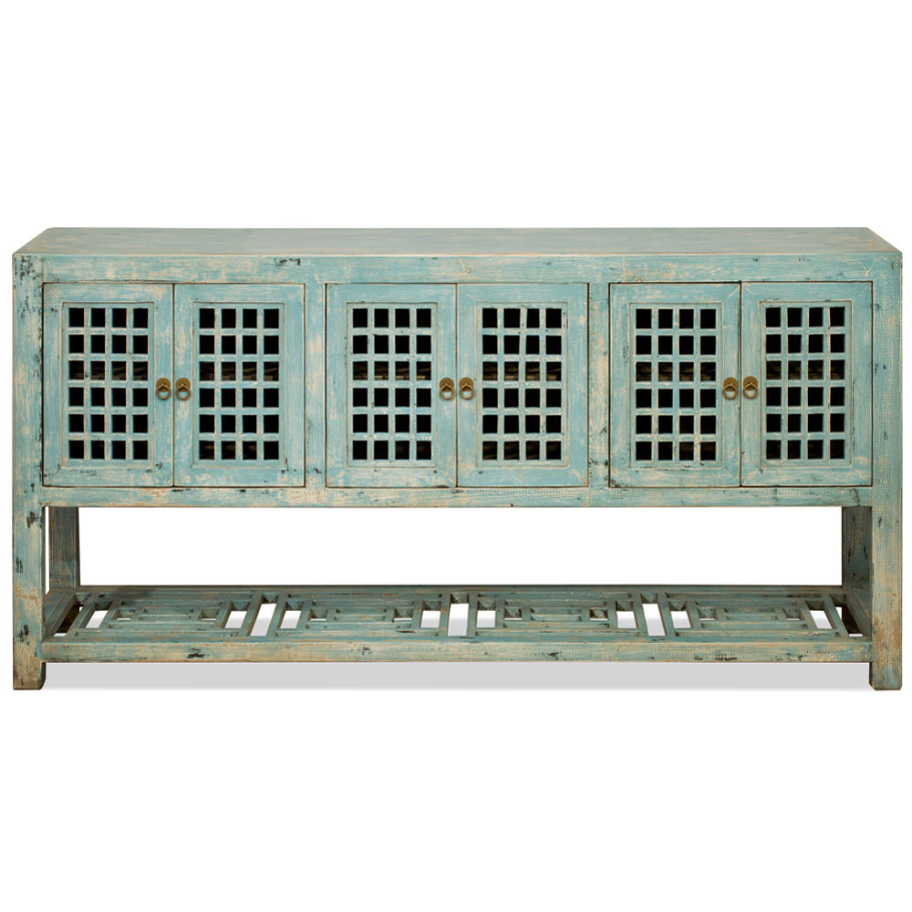 Distressed Light Blue Elmwood Dynasty Asian Sideboard