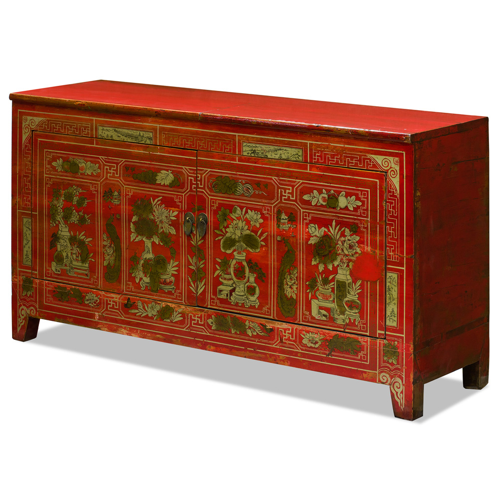 Distressed Red and Gold Elmwood Mongolian Cabinet