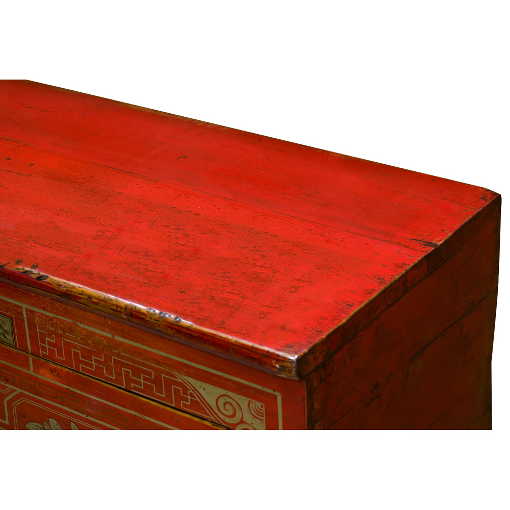 Distressed Red and Gold Elmwood Mongolian Cabinet