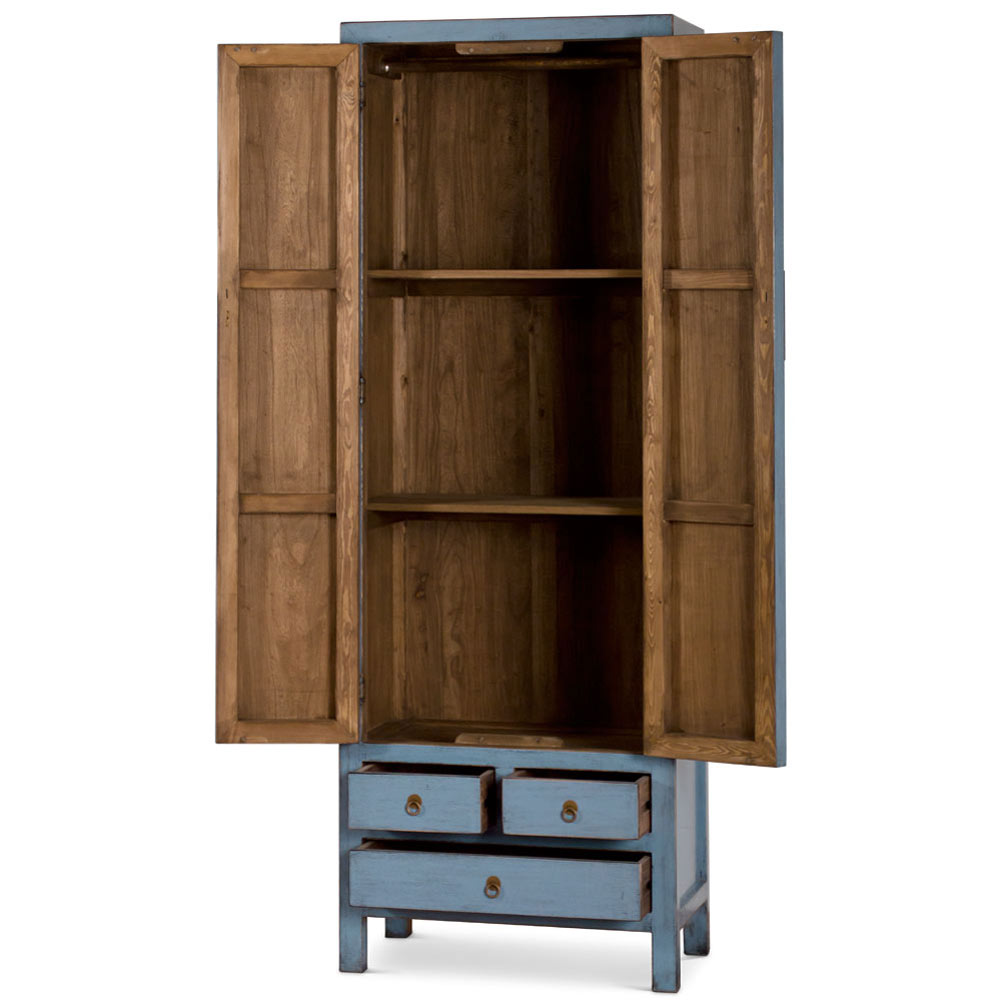 Distressed Pastel Blue Elmwood Chinese Ming Armoire