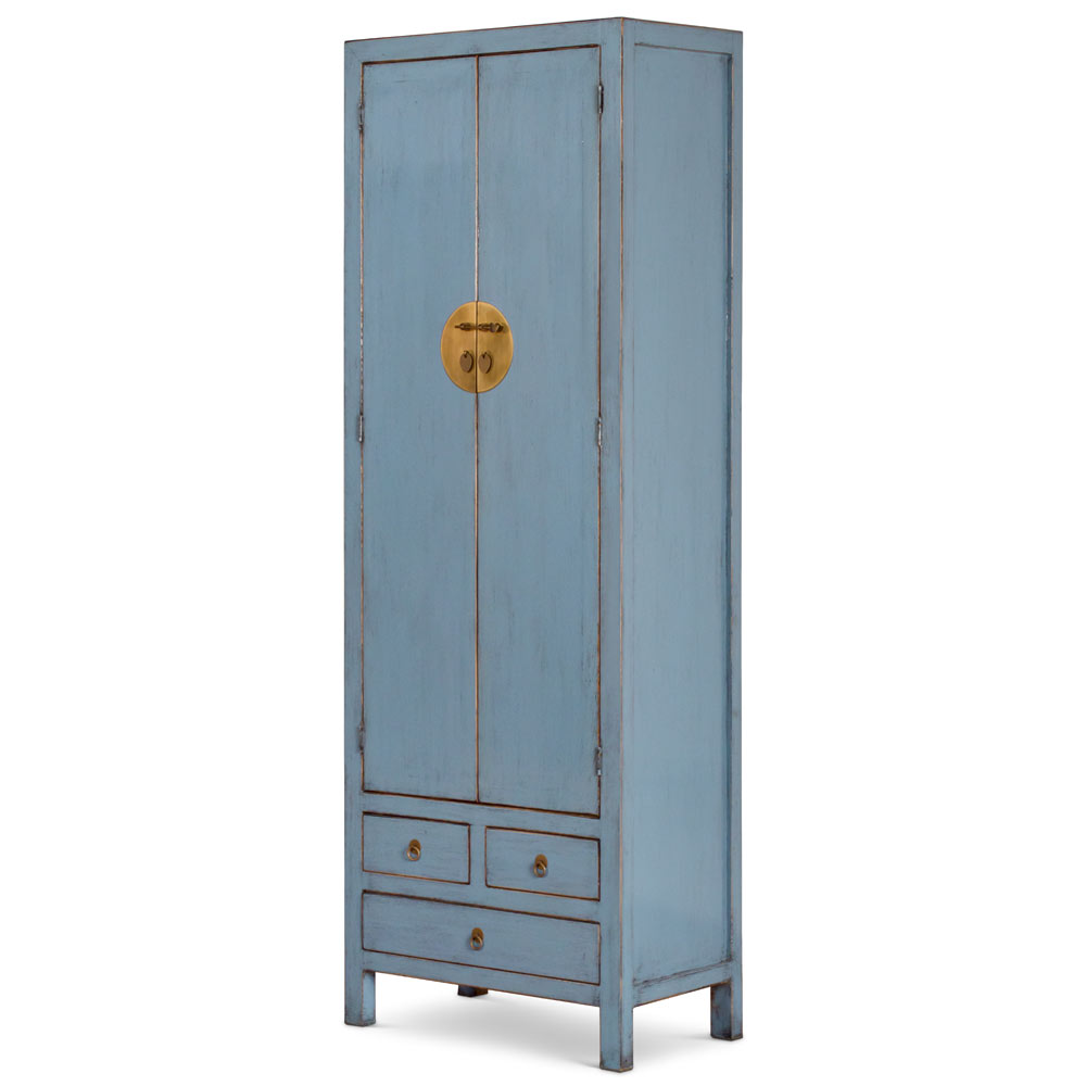 Distressed Pastel Blue Elmwood Chinese Ming Armoire