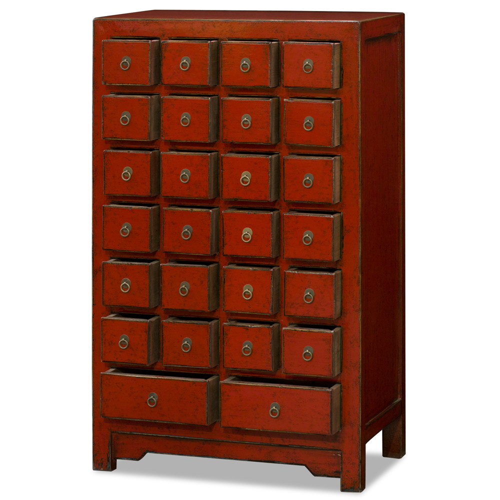 Distressed Red Elmwood Medicine Chest of Drawers