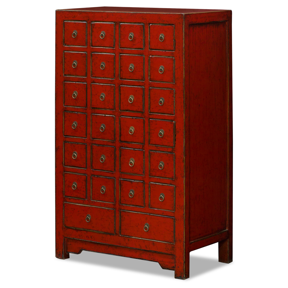 Distressed Red Elmwood Medicine Chest of Drawers