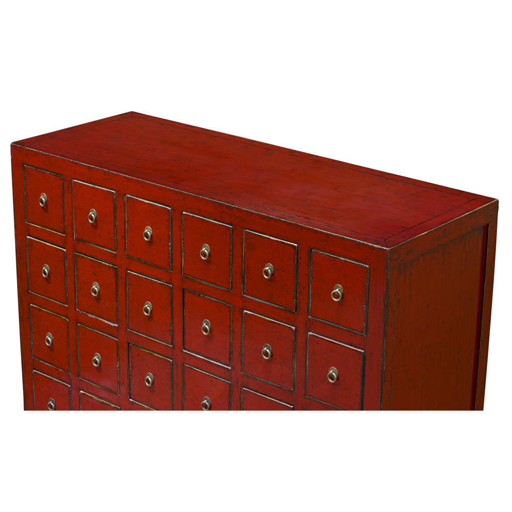 Distressed Red Elmwood Apothecary Oriental Chest of Drawers