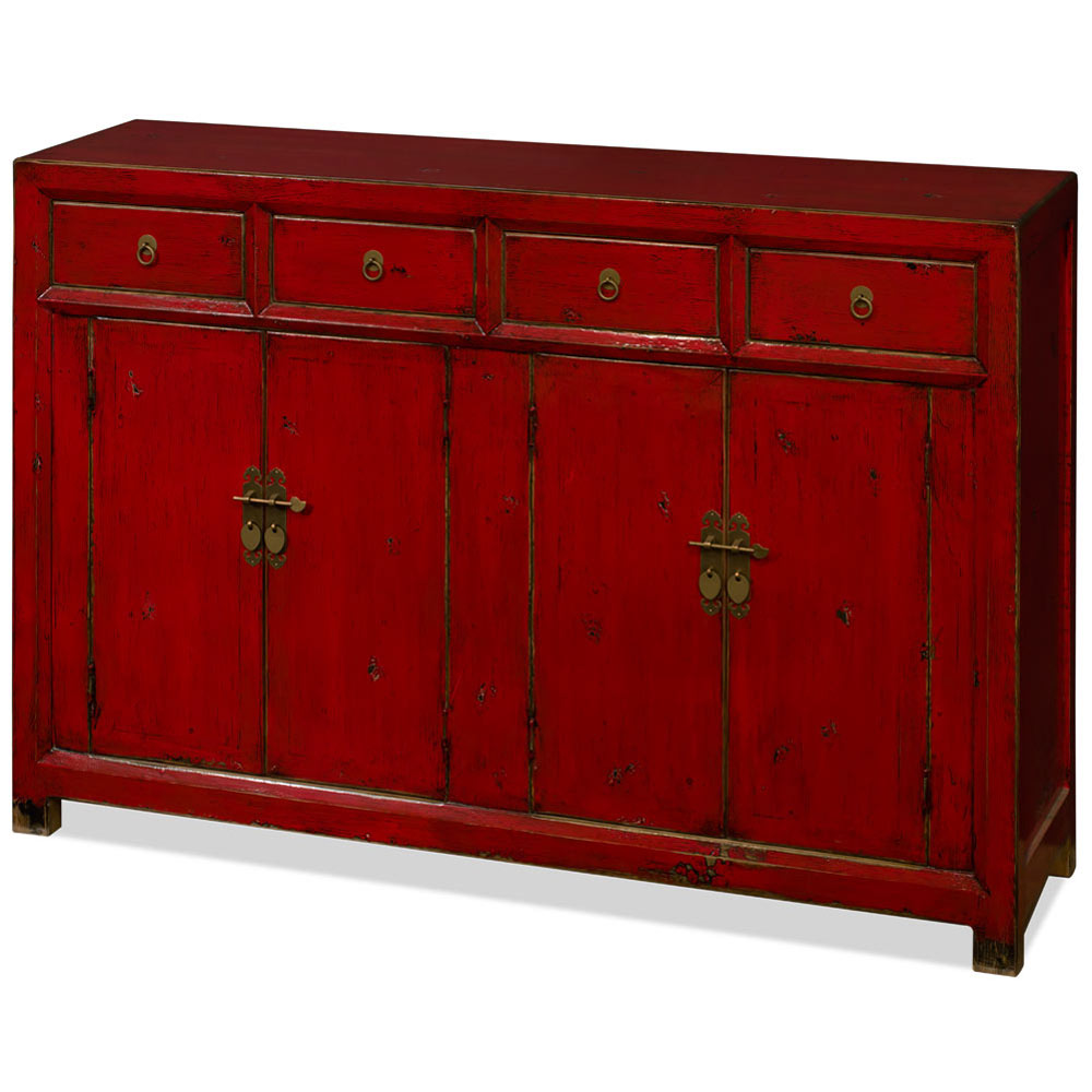 Distressed Red Elmwood Chinese Ming Sideboard