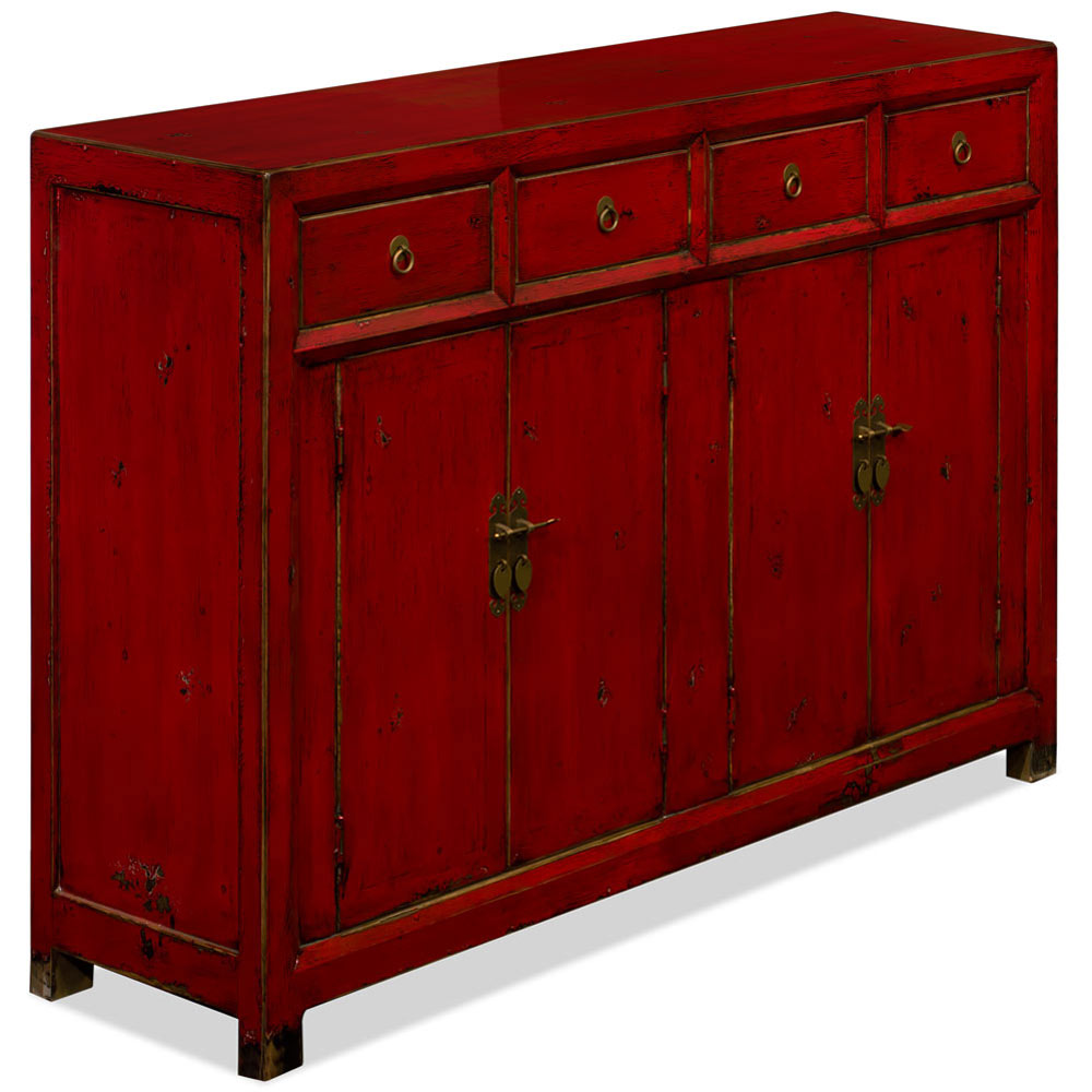 Distressed Red Elmwood Chinese Ming Sideboard