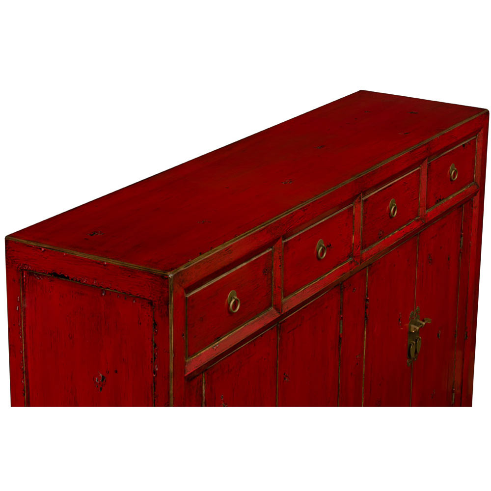 Distressed Red Elmwood Chinese Ming Sideboard