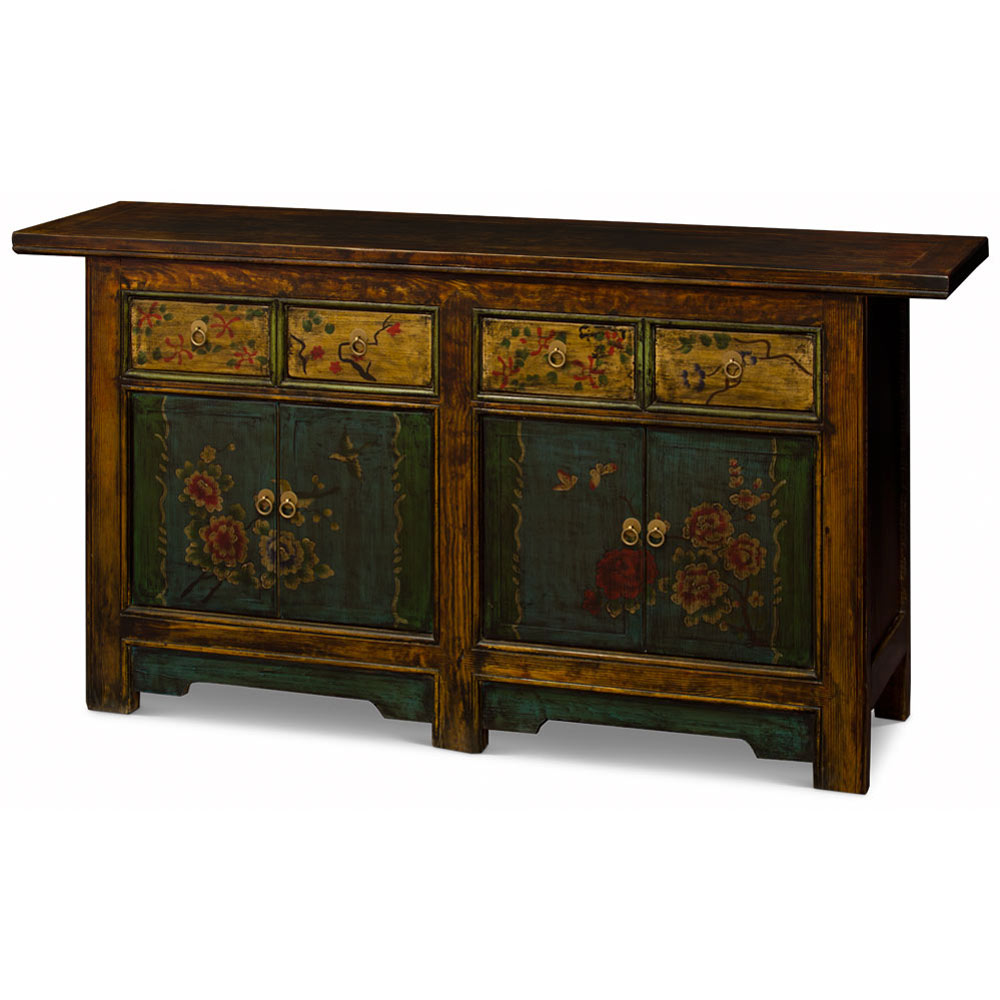 Bird and Flower Motif Elmwood Distressed Altar Style Tibetan Sideboard