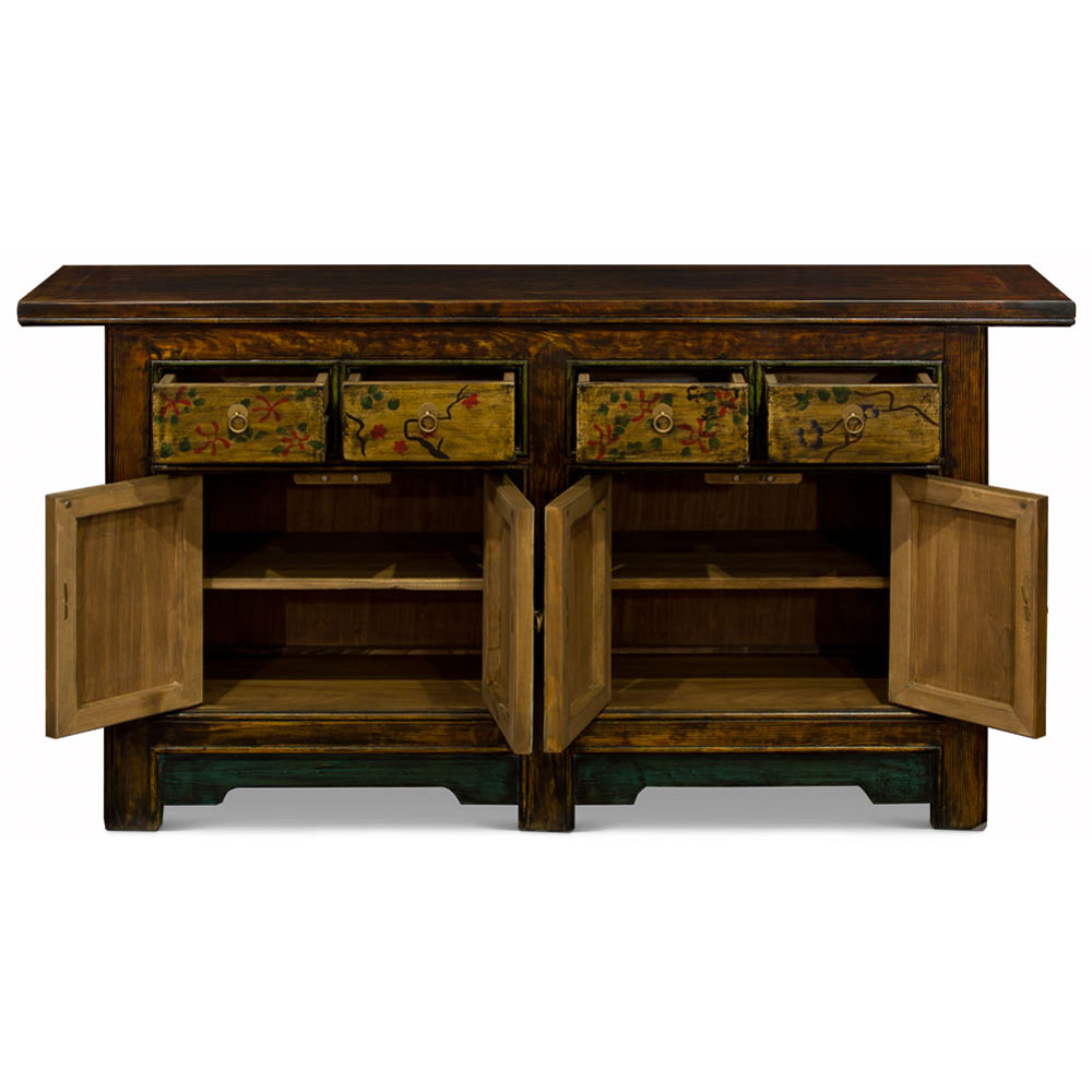 Bird and Flower Motif Elmwood Distressed Altar Style Tibetan Sideboard