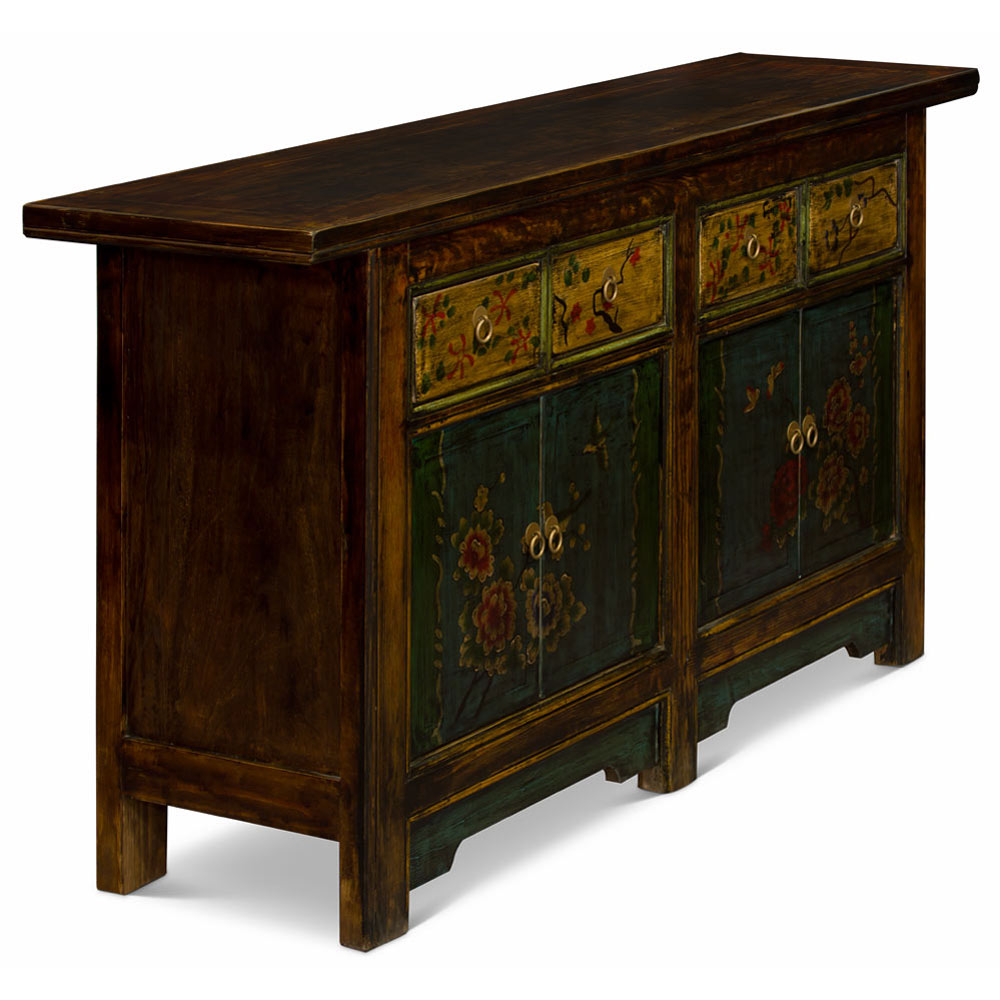 Bird and Flower Motif Elmwood Distressed Altar Style Tibetan Sideboard