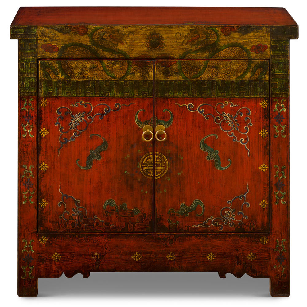 Hand Painted Elmwood Tibetan Dragon and Longevity Motif Cabinet
